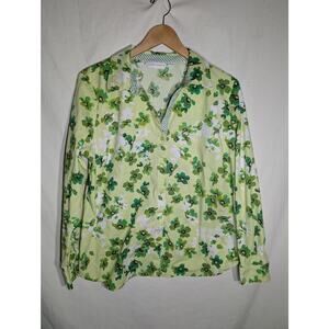 Susan Graver Womens Green Floral Long Sleeve Button Up Shirt 12 Stretch Cotton‎